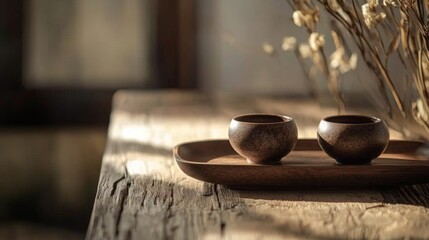 Rustic tea set on a wooden table with natural light