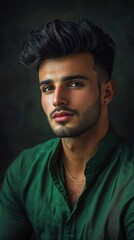 Fototapeta premium Portrait of a young man with dark hair and green shirt against a moody background capturing a thoughtful expression in soft lighting