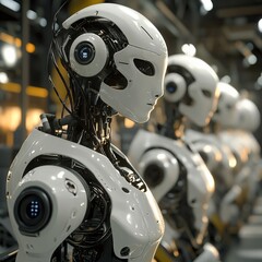 Fototapeta premium Row of futuristic white robots in a factory.