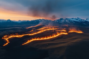 Fototapeta premium Wildfire advances across a mountainous landscape at dusk with vibrant flames illuminating the horizon