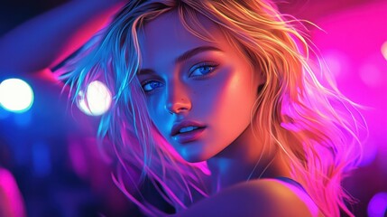 Fototapeta premium Beautiful woman with wavy blonde hair poses in vibrant neon light at a lively event during the night
