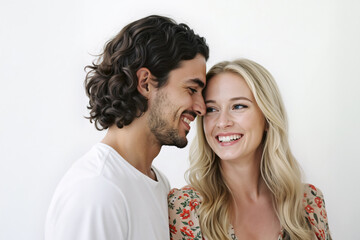 Happily married younger couple embracing each other and smiling with joy - isolated on white 