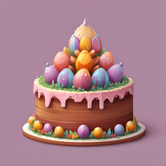 Festive Easter cake with icing and chocolate eggs on a wooden plate. Colorful illustration on a purple background
