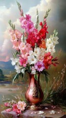 Colorful floral arrangement in a vase with various blossoms set against a tranquil landscape during a sunny day in nature