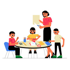 Female Teacher Guiding Children In Craft Activity At Table In Flat Vector Illustration Symbolizing Creativity, Education, And Teamwork, Isolated On White Background