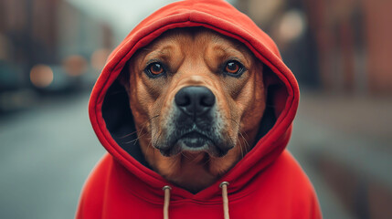  A dog in a hoodie with the hood pulled up on head, looking at camera on the street background
