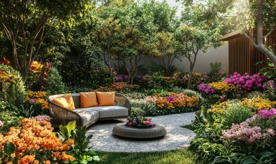 Fototapeta premium Charming garden seating area surrounded by vibrant flowers and lush greenery in springtime