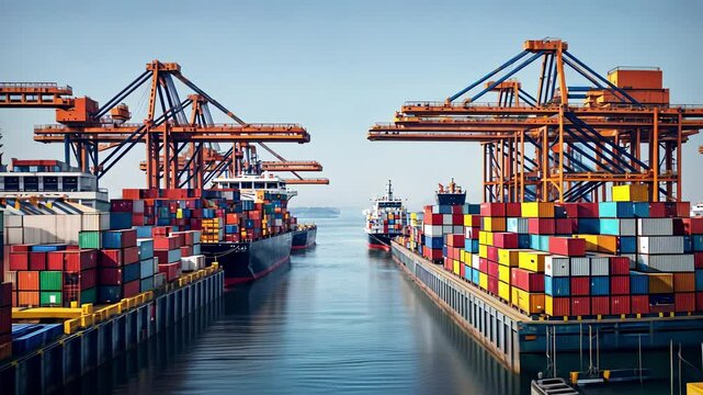 Busy port with large cargo ships docked at piers, numerous orange cranes loading and unloading shipping containers, showcasing the scale and complexity of modern shipping and logistics operations.