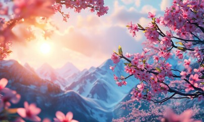 Cherry flowers blossom view against amazing bright sun. Meditative floral view.