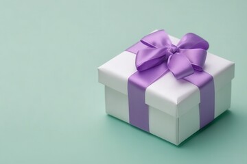 Obraz premium Elegant white gift box with a purple satin ribbon against a soft green background featuring a beautiful blurred bokeh light effect for festive or celebratory themes.