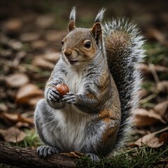 Obraz premium A squirrel holding a nut with its bushy tail curled.