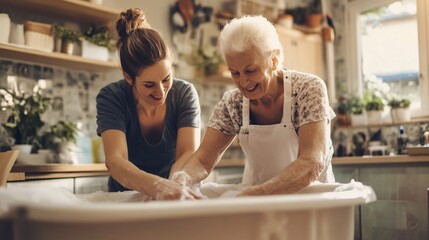 Young woman assists elderly woman with handwashing laundry in a kitchen sink.