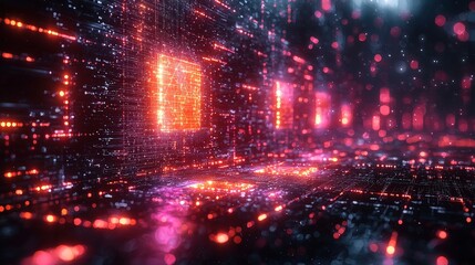 Fototapeta premium Abstract digital cyberspace with glowing particles and grid lines. Ideal for technology backgrounds, presentations, or sci-fi visuals.