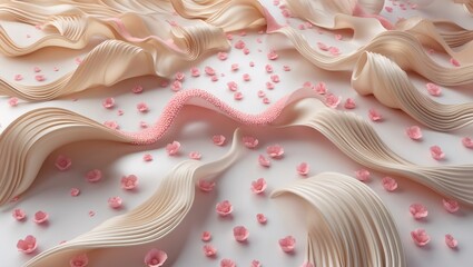 Elegant seamless render of flowing fabric with delicate pink flowers against a soft background,...