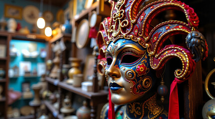 Fototapeta premium Jester mask in a workshop environment, vibrant colors, carnival atmosphere, detailed and artistic shot