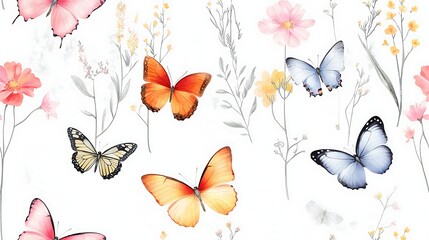 Obraz premium Colorful butterflies and wildflowers, spring meadow, nature background, fabric design
