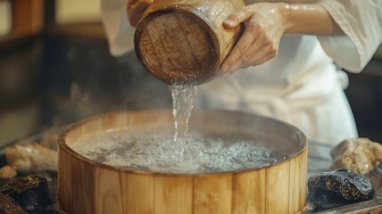 Person pouring water into a wooden bath tub.