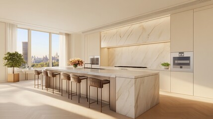 Luxurious modern kitchen with city view, island, and marble backsplash.