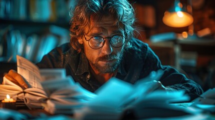 Portrait of mature man in eyeglasses reading book at night