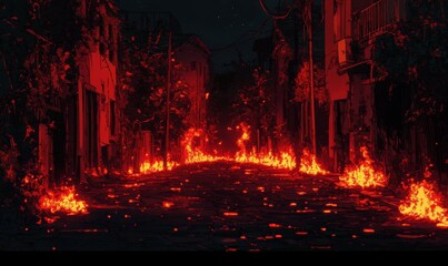 Obraz premium City consumed by darkness and flames, empty streets illuminated by fire