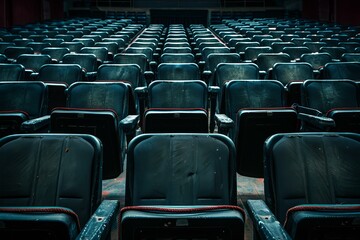 Obraz premium Rows of empty blue auditorium seats wait for an audience creating a background or concept of entertainment, performing arts or a conference