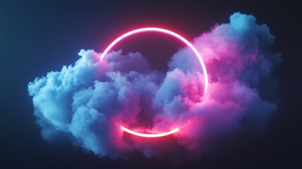 Obraz premium Glowing pink neon circle ring in vibrant blue and pink clouds.