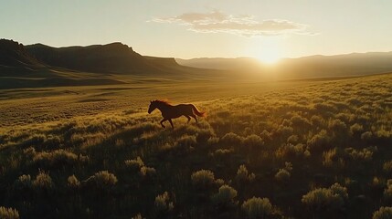 Wild horse running free across a vast, golden prairie at sunset, mountains in the background.