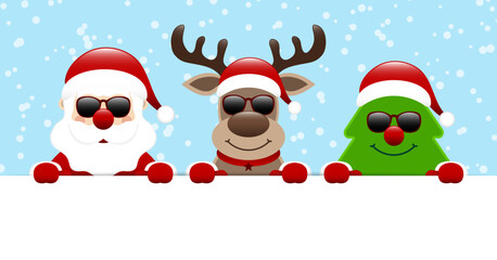 Weihnachtsmann Rentier Und Baum Sonnenbrille Halten Horizontales Banner Schnee Blau Dunkelrot