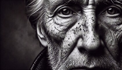 A close-up black and white photograph focusing on an older man's face, capturing the texture and detail of his skin