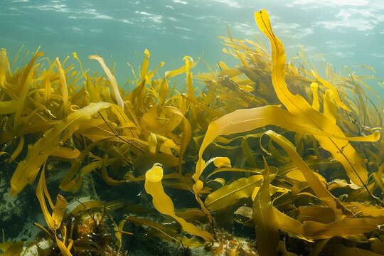 Golden laminaria digitata seaweed growing underwater forming a dense forest with light rays penetrating the surface