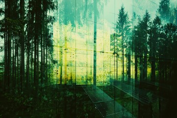Obraz premium Double Exposure of Solar Panels in a Forested Environment Showcasing Sustainable Energy Solutions Amidst Nature’s Beauty and Reflection