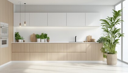 Fototapeta premium A modern kitchen featuring sleek wooden cabinets, a minimalist design, and vibrant green plants, creating a fresh and inviting atmosphere.