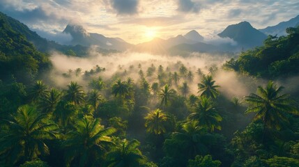 Fototapeta premium Tropical Jungle with Morning Mist and Palm Trees. Generative AI