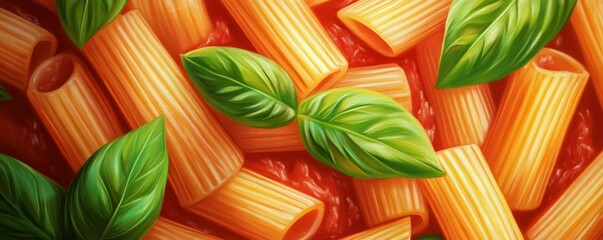 Delicious rigatoni pasta with tomato sauce and fresh basil leaves.