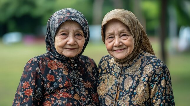 Serene Malaysian Elderly Twin in Baju Kurung with Intricate Batik Patterns and Soft Expressions