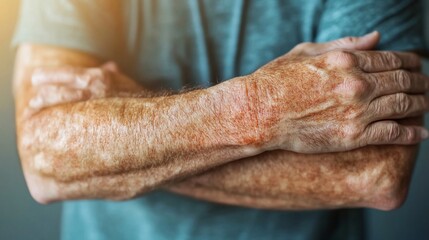 Close-up of sun-damaged, aging male arms and hands showing age spots and wrinkles.