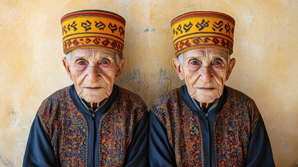 Fototapeta premium Mirrored Elegance: Tunisian Elderly Twins in Jebba Garments and Traditional Hats, Embracing Warm Colors in Synchrony