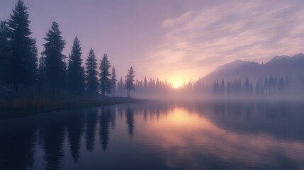 Fototapeta premium Sunrise over the lake and river with reflections, trees, and clouds in a peaceful morning landscape