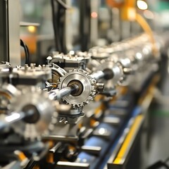 Fototapeta premium Industrial assembly line with metallic parts and gears in production.