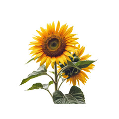 Naklejka premium Sunflowers in Bloom: A vibrant duo of sunflowers stand tall and proud, their golden petals reaching towards the sun, radiating optimism and a sense of summer joy. Their green leaves frame the scene.