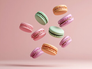Colorful macarons hover against a pastel background