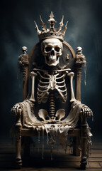 Fototapeta premium skeleton king ruling from a dark horror throne, encircled by skulls. fantasy art