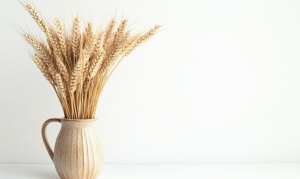 Dried ears of wheat in vase on white background. Autumn, fall, thanksgiving day concept. copy space