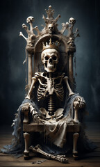 Fototapeta premium skeleton king ruling from a dark horror throne, encircled by skulls. fantasy art