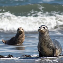 Fototapeta premium Two harbor seals on a beach near ocean waves.