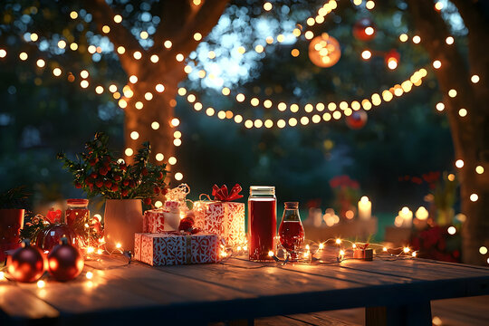 A table set outdoors under twinkling lights, creating a whimsical setting for showcasing holiday-themed products.