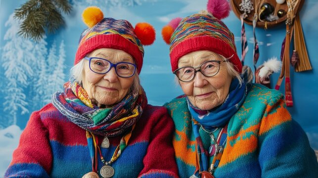 Authentic Finnish Sami Elderly Twin in Colorful G&Atilde;&iexcl;kti Against Nordic Backdrop with Traditional Accessories