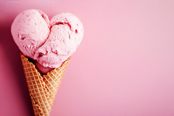 Heart shaped ice cream in a waffle cone on pink, valentines day concept, copyspace