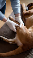 arthritis in dogs, a vet examines the leg of the dog to see for potential injury 