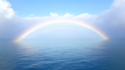 Vibrant rainbow arc over calm ocean, serene sky.